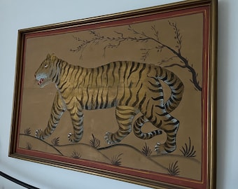 Vintage original 1960s tiger painting mcm WOW mid century hippy bohemian coolness