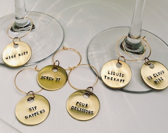 Funny Wine Glass Charms Set Of 10 | 1" Hand Stamped Brass | Wine Lover Hostess Gift