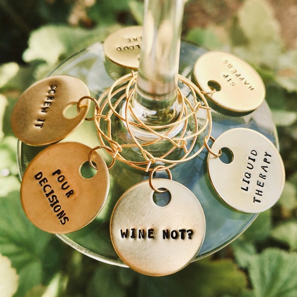 Funny Wine Glass Charms Set Of 6 | 1" Hand Stamped Brass | Wine Lover Hostess Gift