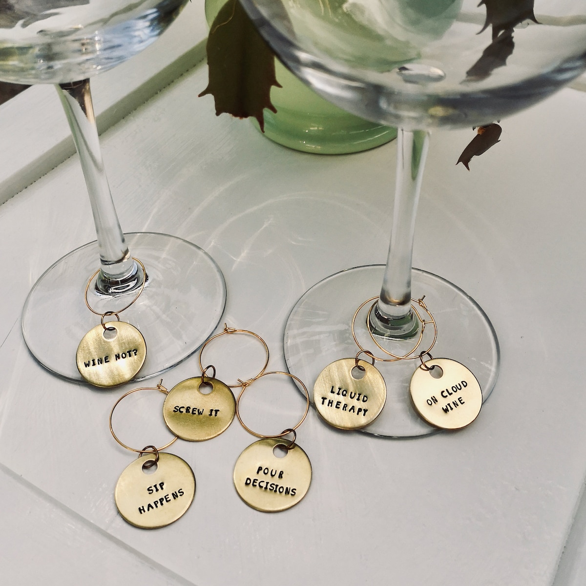 Funny Wine Glass Charms Set of 6 - Hand Stamped Brass