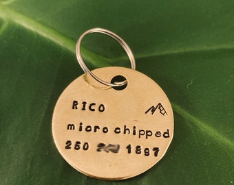 Microchipped Custom Pet Tag 1.25" | Dog ID Tag | Personalized Hand Stamped Brass Pet Tag