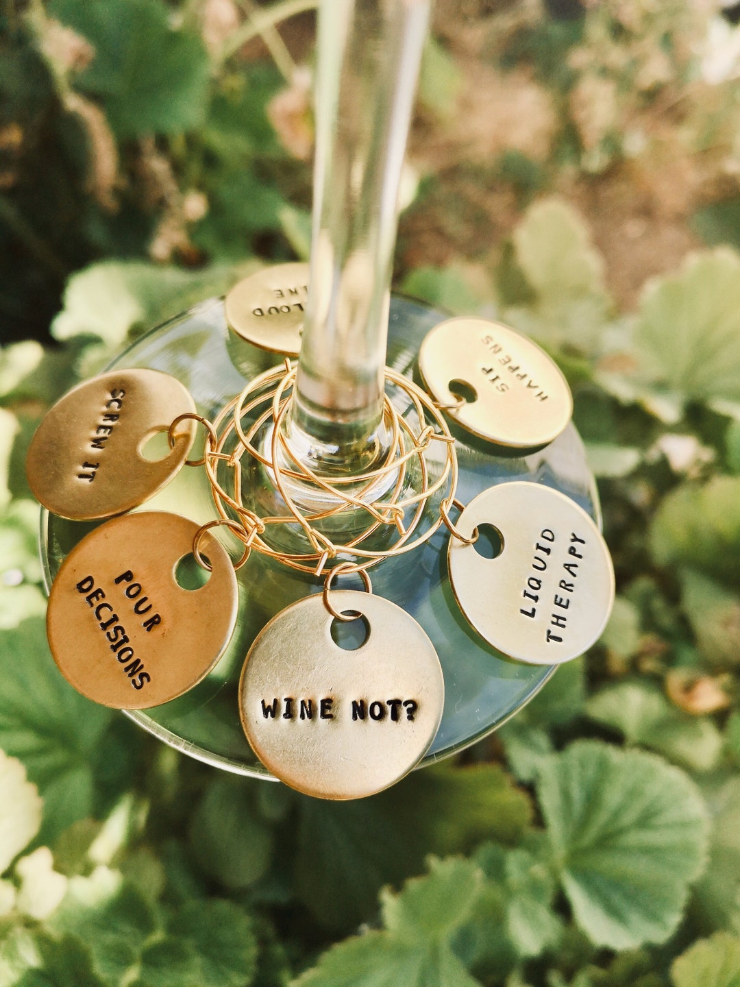 Funny Wine Glass Charms Set of 6 1 Hand Stamped Brass Wine Lover