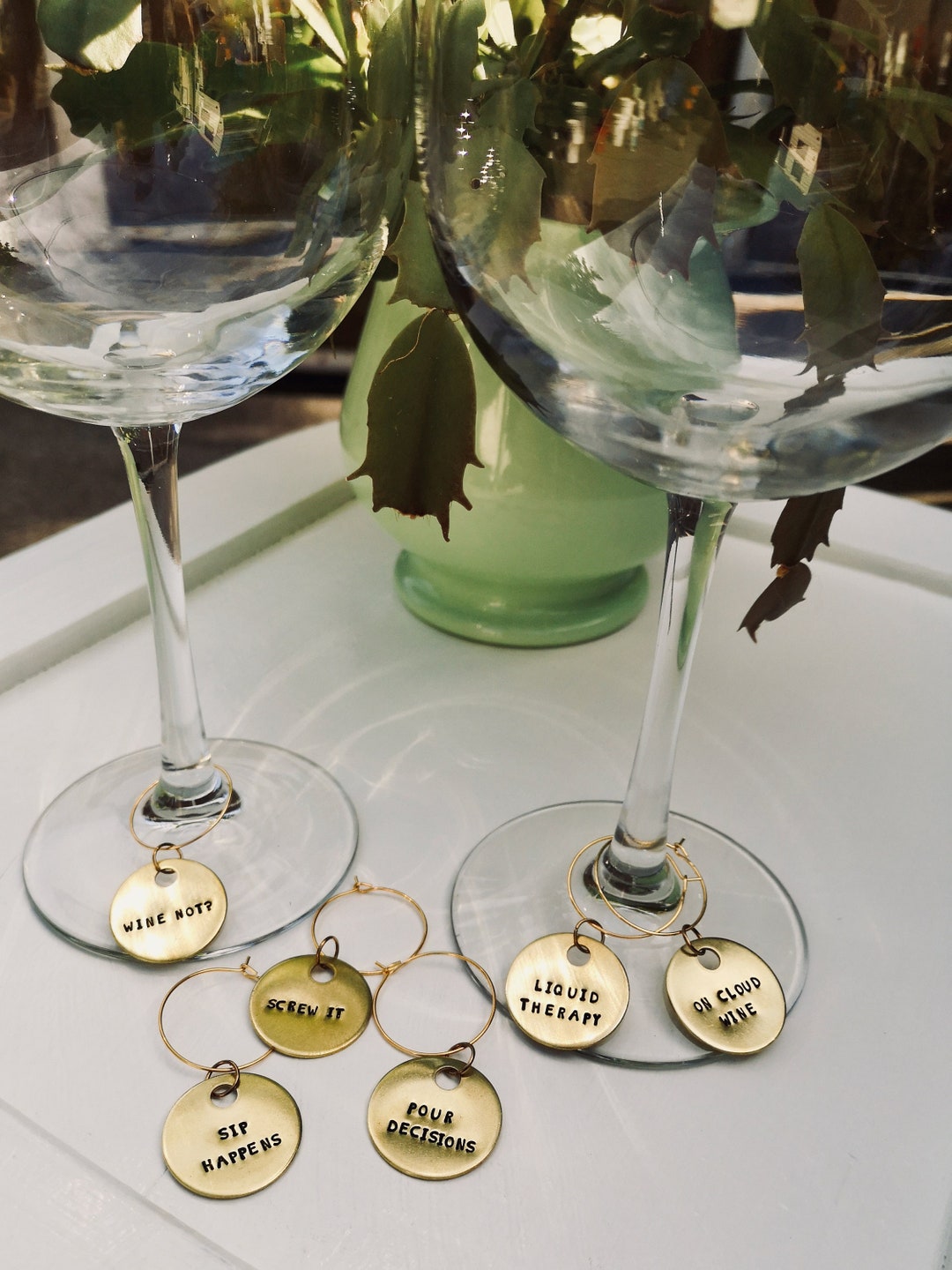 Funny Wine Glass Charms Set of 10 1 Hand Stamped Brass Wine Lover