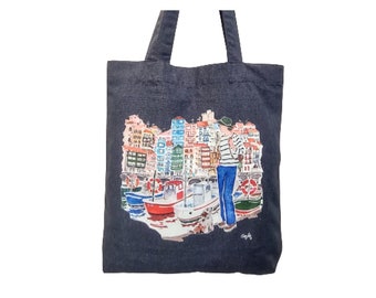 Blue Bermeo tote bag, Long handle tote bag, Canvas bag, Digital printing, Recycled cotton and polyester, Elena Ciordia