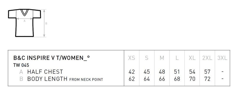 May include: Size chart for a V-neck t-shirt with measurements in inches for half chest and body length from neck point. Sizes include XS, S, M, L, XL, 2XL, and 3XL.