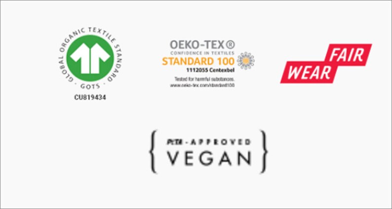 May include: A collection of green, red, and yellow certification labels. The labels include the Global Organic Textile Standard (GOTS), Oeko-Tex Standard 100, Fair Wear, and PETA-Approved Vegan.