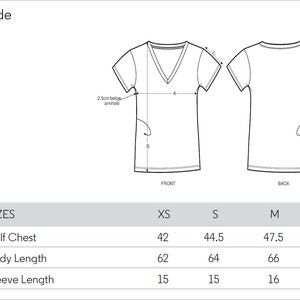 May include: Size guide for a t-shirt with measurements for half chest, body length, and sleeve length in inches. Sizes include XS, S, M, and L.