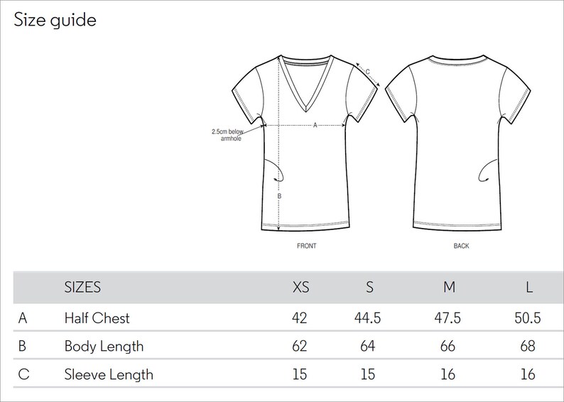 May include: Size guide for a t-shirt with measurements for half chest, body length, and sleeve length in inches. Sizes include XS, S, M, and L.
