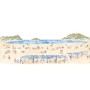 Toldos em La Concha, Donostia, San Sebastián, Gravuras Decorativas, Impressão em Aquarela, Arte, Pintura, Três Tamanhos, Elena Ciordia