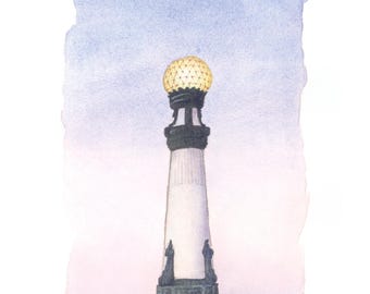May include: A watercolor painting of a tall, white column with a gold globe on top. The column is set against a purple and blue sky.