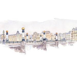 Lámina Atardecer junto al puente Donostia San Sebastián, Láminas decorativas, Lámina de acuarela, Arte, Cuadro, Tres tamaños, Elena Ciordia