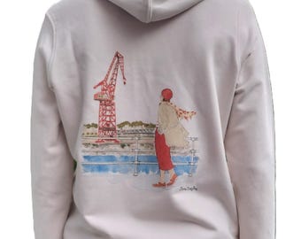 Women's White Carola Crane Zip-Up Hoodie, Organic Cotton, Off-White, Regular Fit, Elena Ciordia