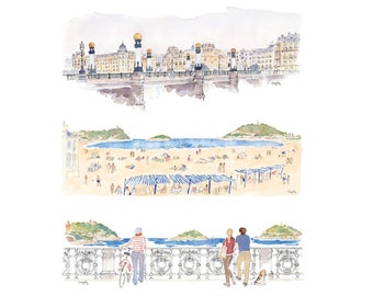 Three landscape prints of Donostia San Sebastián, Decorative prints, Wall decoration, Art, Two sizes, Elena Ciordia