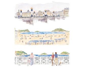 Three landscape prints Donostia San Sebastián, Decorative prints, Wall decoration, Art, Two sizes, Elena Ciordia