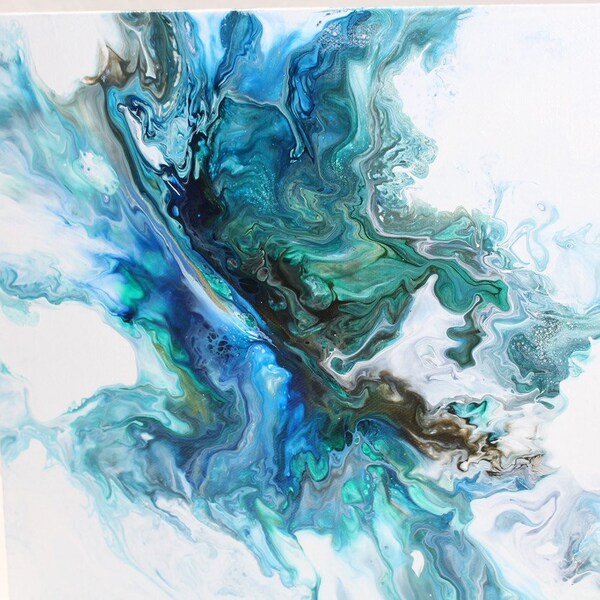 12"x12"-"Esmerelda"-Bold Ocean Colors Abstract Acrylic Dutch Pour Painting on Gallery Wrapped Canvas