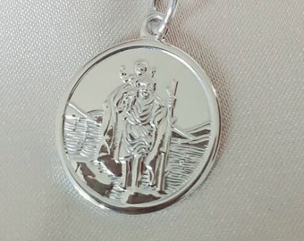 Sterling Silver St. Christopher Pendant, 925 Solid Silver Pendant, Silver Religious Medal, Round Pendant, S, M, L, Christian Jewellery