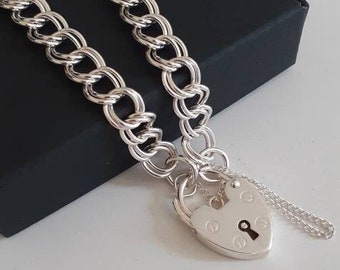 Sterling Silver Double Curb Bracelet, 925 Solid Silver Heart Padlock Bracelet, Real Silver Charm Bracelet, Silver Padlock and Safety Chain