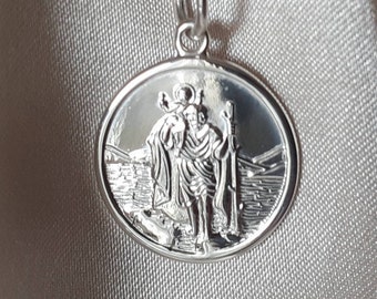 Sterling Silver St. Christopher Necklace, 925 Real Silver St. Christopher Pendant, Medium Round 16mmPendant, Curb Chain, Christian Jewellery