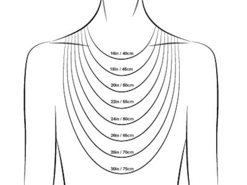 May include: A diagram showing different necklace lengths in inches and centimeters. The lengths are 16 inches/40 centimeters, 18 inches/45 centimeters, 20 inches/50 centimeters, 22 inches/55 centimeters, 24 inches/60 centimeters, 26 inches/65 centimeters, 28 inches/70 centimeters, and 30 inches/75 centimeters.