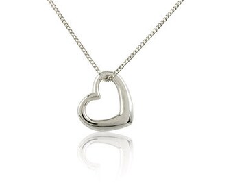 SILVER Heart Necklaces, 925 Silver Heart Necklace, Sterling Silver Ribbon Heart Pendant, Cubic Zirconia, 1.5mm Curb Chain, Made in Italy