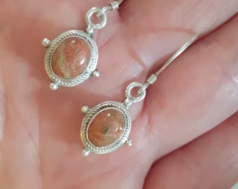 Vintage Earrings, 925 Sterling Silver Drop Earrings, Solid Silver Brown Gem Stone Earrings, Vintage, Real Sterling Silver