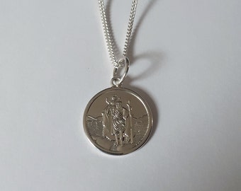 Silver St Christopher Necklace, Sterling Silver St. Christopher Pendant, 925 Solid Silver, Real Silver 1.1mm Curb Chain, Christian Jewellery
