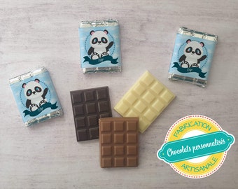 Lot 6 chocolats artisanaux personnalisés - modèle "Panda", cadeaux invités baptème,baby shower,mariage