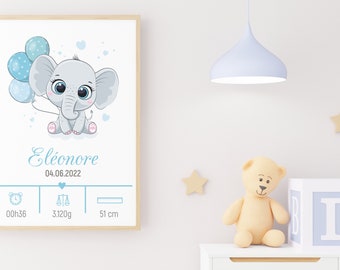 Affiche de naissance avec prénom personnalisé - modèle "Éléphant"