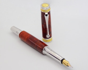 Majestic Jr. Fountain Pen in 22 Kt Gold, Rhodium and Red Amboyna Burl