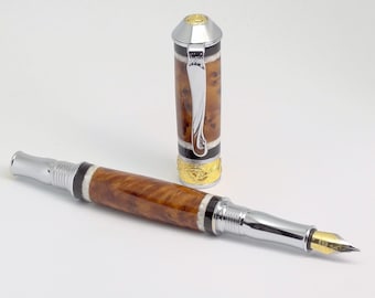 Broadwell Nouveau Sceptre Fountain Pen in Chrome, Gold, Thuya Burl and Ebony, Mother of Pearl Inlay
