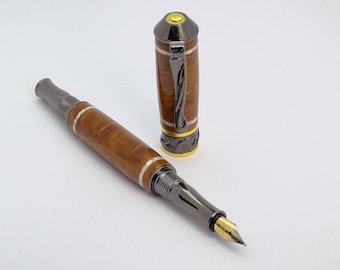 Broadwell Nouveau Sceptre Fountain Pen in Gunmetal, Gold, Madrone Burl, Mother of Pearl Inlay