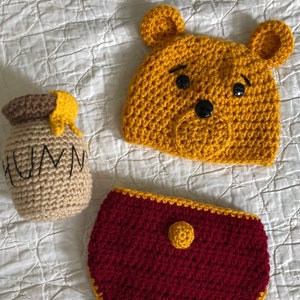 Pooh Bear Newborn Photo Prop Set with Hunny Pot Rattle