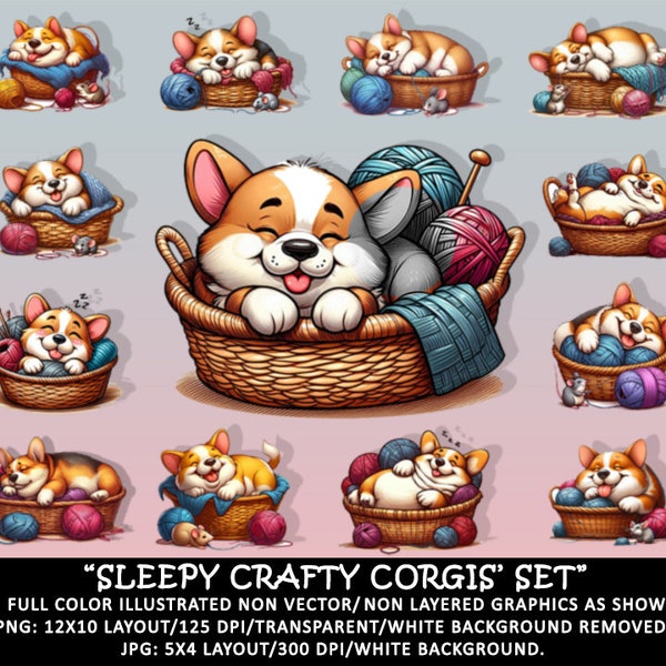 Sleepy Crafty Corgi Set - Digital Download Graphics