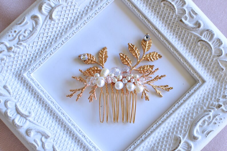 Bridal hair comb Pearl wedding comb Leaf hair comb Pearl crystal hair comb Prom hair piece Gold wedding comb twigs Crystal hair piece