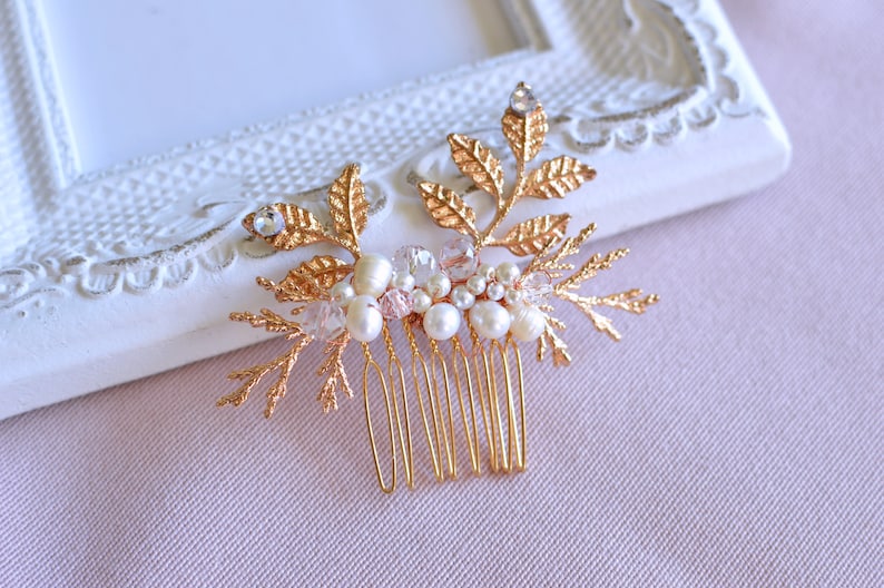Bridal hair comb Pearl wedding comb Leaf hair comb Pearl crystal hair comb Prom hair piece Gold wedding comb twigs Crystal hair piece