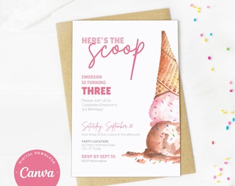 Editable Ice Cream Birthday Invitation | Here's the Scoop Party Template (Digital Download)