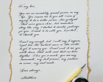 Personalized Love Letters, Luxury Gift, Gold Leaf Edged Calligraphy Wedding Vows, Handwritten Letter On Deckled Paper With Gold Edge