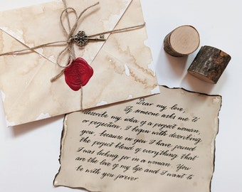 Carta manuscrita en papel antiguo para votos de boda, sobre de sello de cera con llave antigua, día de San Valentín, aniversario, compromiso