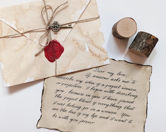 Handwritten Letter On Antique Paper For Wedding Vows, Wax Seal Envelope With Antique Key, Valentine's Day, Anniversary, Engagement