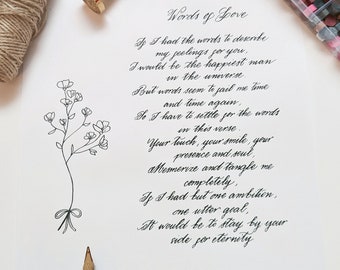 Hand  Illustrated Poem, Lyrics, Love Letters, Wedding Vows, Anniversary Gift, Proposal Letter, Calligraphy Service.