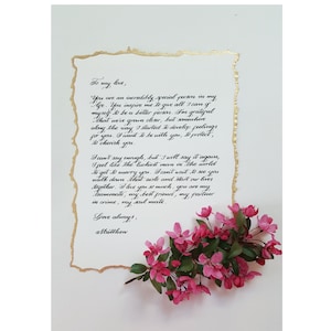 Gold Deckle Edged Calligraphy Regal Wedding Vows, Handwritten Letter On Deckled Paper With Gold Edge, Personalized Love Letters, Luxury Gift