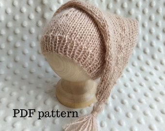Patrón PDF del gorro largo NEVADA, patrón de tejido, patrón para accesorios de fotografía, patrón de gorro para dormir para recién nacidos.