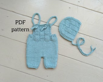 Patrón PDF del conjunto de pelele NICKY, patrón de punto, patrón para accesorios de fotografía, patrones de peto y gorro para recién nacidos.