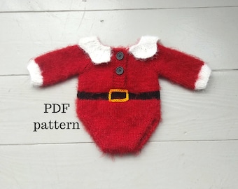 SANTA Romper PDF Pattern, Knitting Pattern, Photo Prop Pattern, Newborn Longsleeved Romper with Collar Pattern
