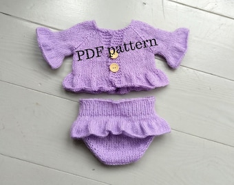 Patrón PDF del conjunto RITA, patrón de punto para bebé reborn, patrón para accesorios de fotografía, patrón del conjunto de cárdigan y bombachos con volantes para recién nacidos