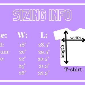May include: Sizing chart for t-shirts with measurements in inches for width and length.  Sizes include Small, Medium, Large, XL, and 2X.