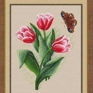 Tulips with a Butterfly Counted Cross Stitch Pattern, Spring Tenderness Cross Stitch Chart image 10