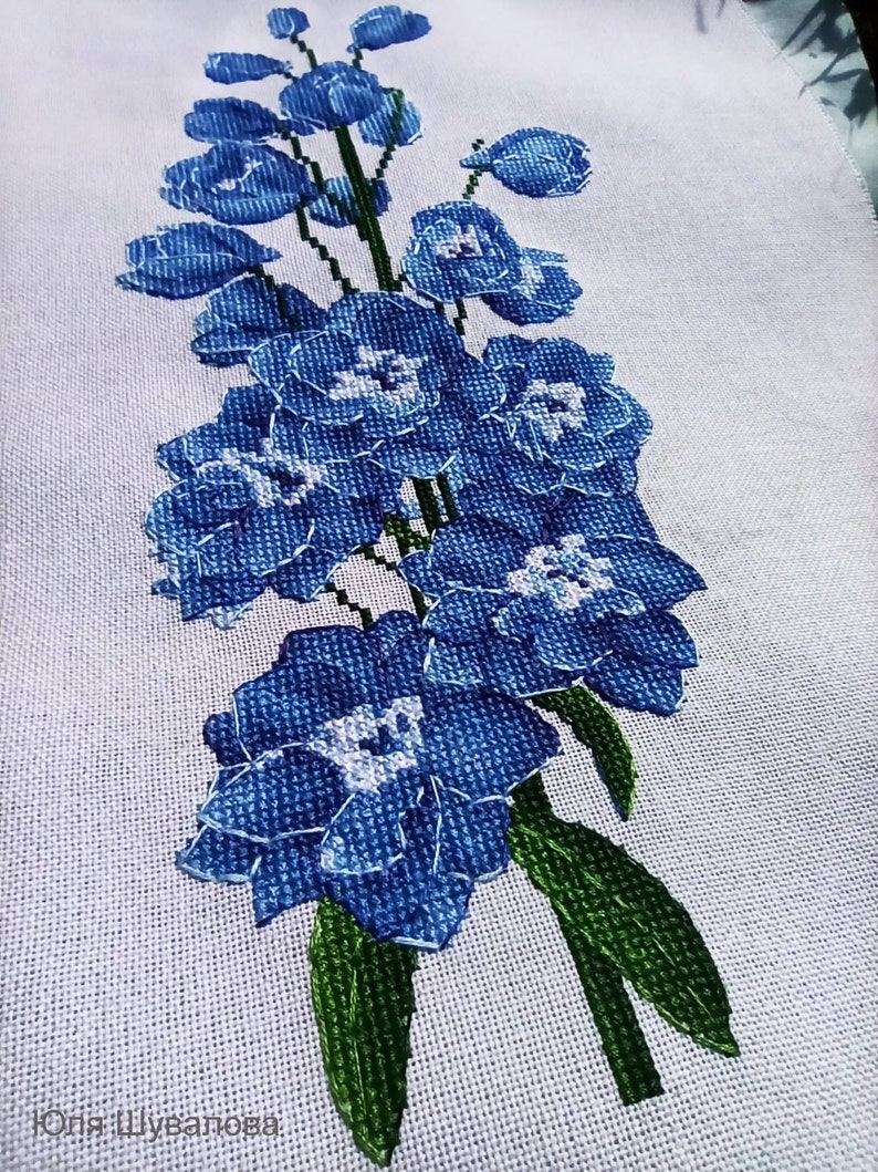 Delphinium Blue Counted Cross Stitch Pattern, Blue Flower Embroidery Chart image 2