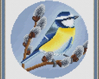 Spring Blue Tit Counted Cross Stitch Pattern