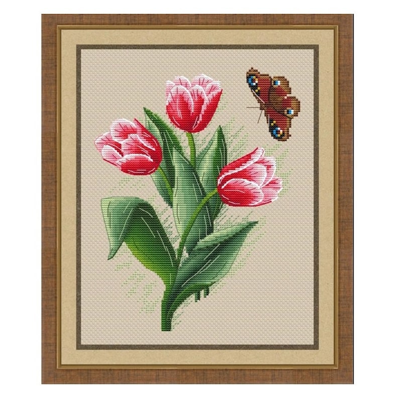 Tulips with a Butterfly Counted Cross Stitch Pattern, Spring Tenderness Cross Stitch Chart image 1